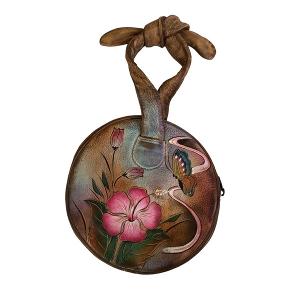 Vintage Anuschka painted leather small round handbag butterflies and flowers - Picture 3 of 11